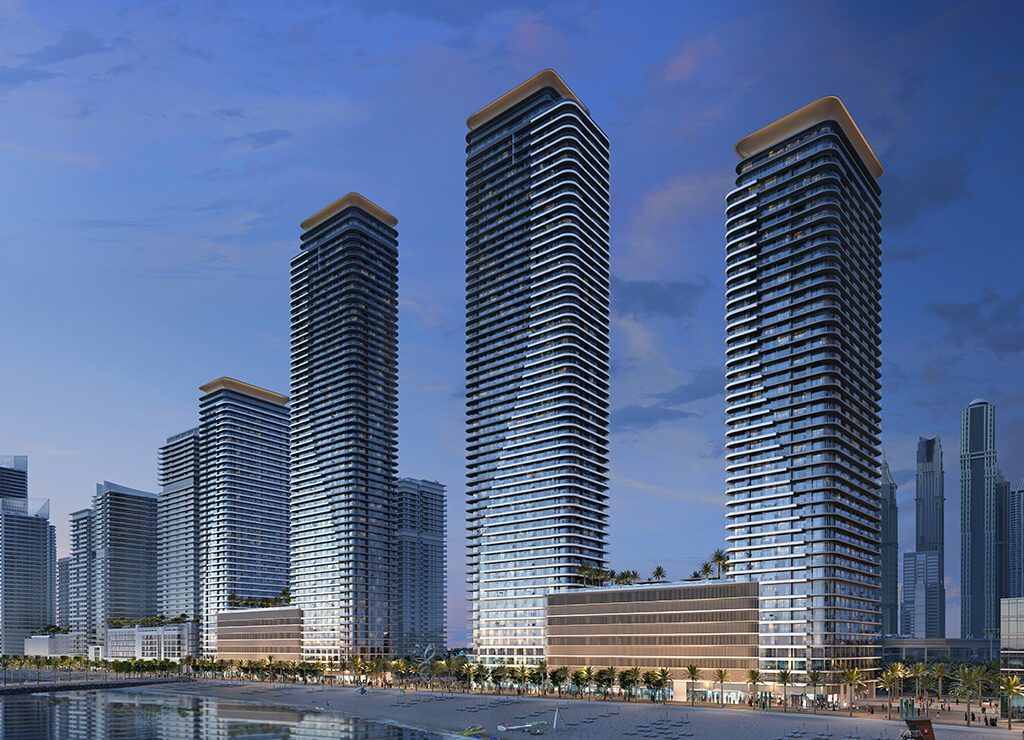 Bayview by Address Resorts towers at Emaar Beachfront at dusk