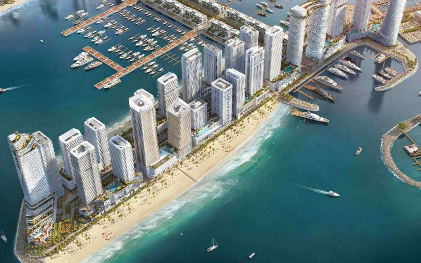 Aerial view of the Emaar Beachfront island with towers, beach and marina