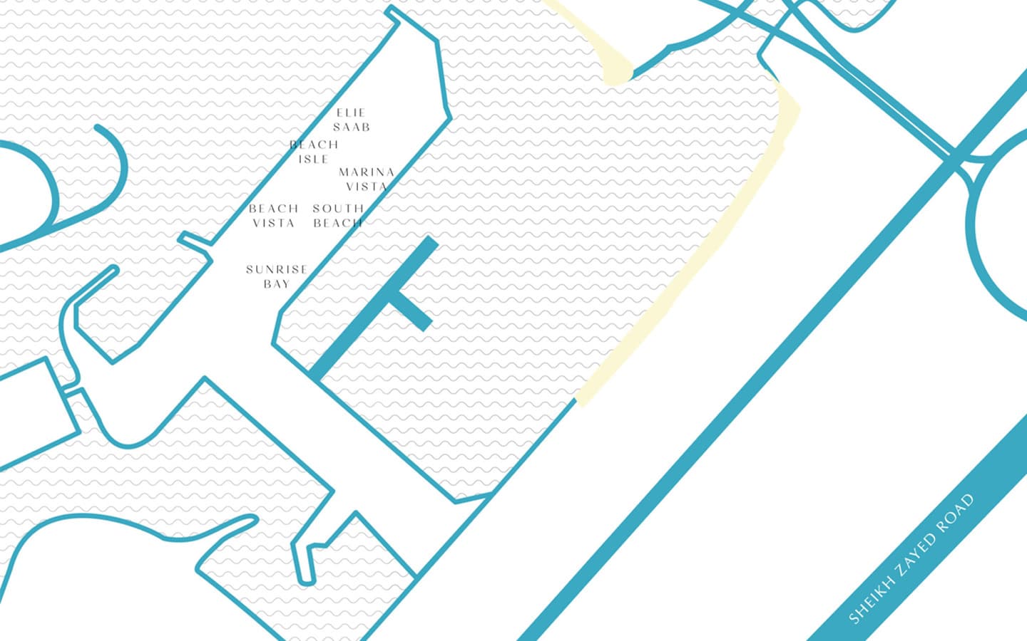 Stylized map of Emaar Beachfront showing tower locations beside Sheikh Zayed Road