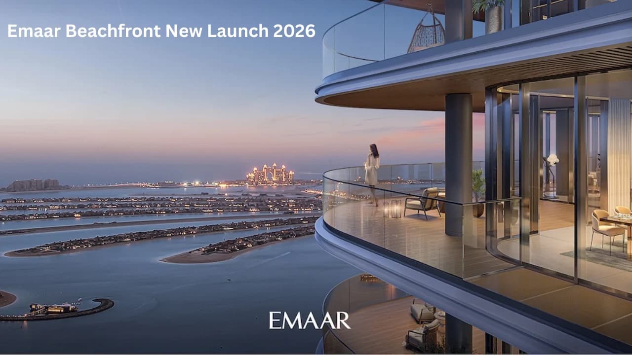 Balcony view of the Arabian Gulf and Palm Jumeirah from an Emaar Beachfront apartment