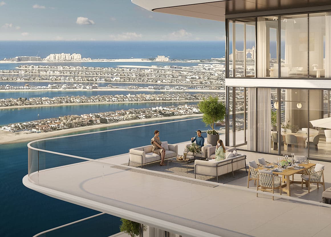 Penthouse terrace at Emaar Beachfront overlooking Palm Jumeirah
